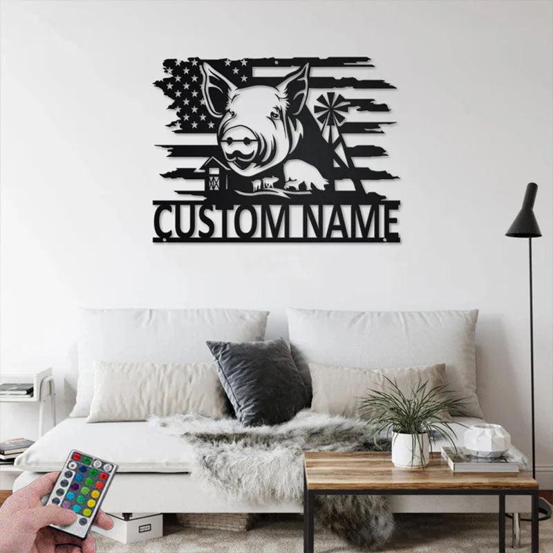 Custom Name Pig Farm Name Sign Decoration For Room, Metal Wall Signs With RGB Led Light