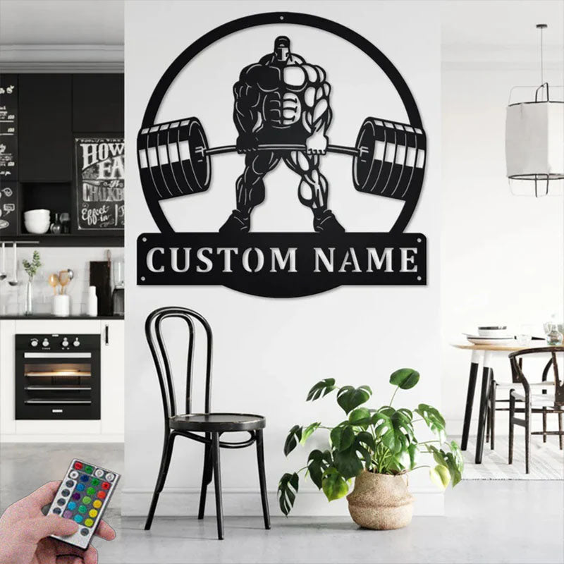 Custom Name Powerlifting Name Sign Decoration For Room, Metal Wall Signs With RGB Led Light