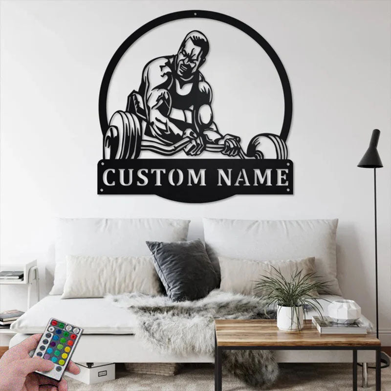 Custom Name Powerlifting Name Sign Decoration For Room, Metal Wall Signs With RGB Led Light