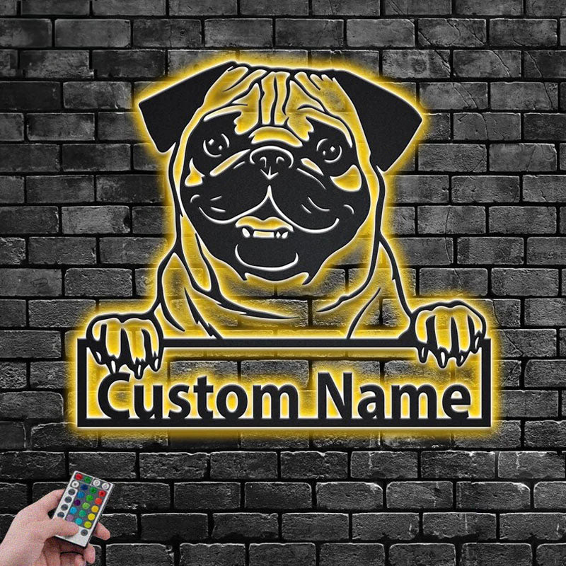 Custom Name Pug Name Sign Decoration For Dog Room, Metal Wall Signs With RGB Led Light