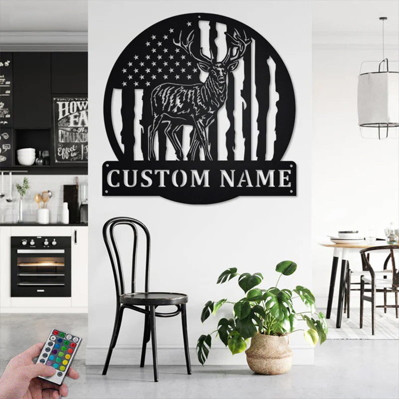 Custom Name Reindeer Metal Wall Signs With RGB Led Light