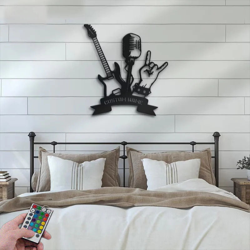 Custom Name Rock And Roll Name Sign Home Decor Music Room, Metal Wall Signs With RGB Led Light