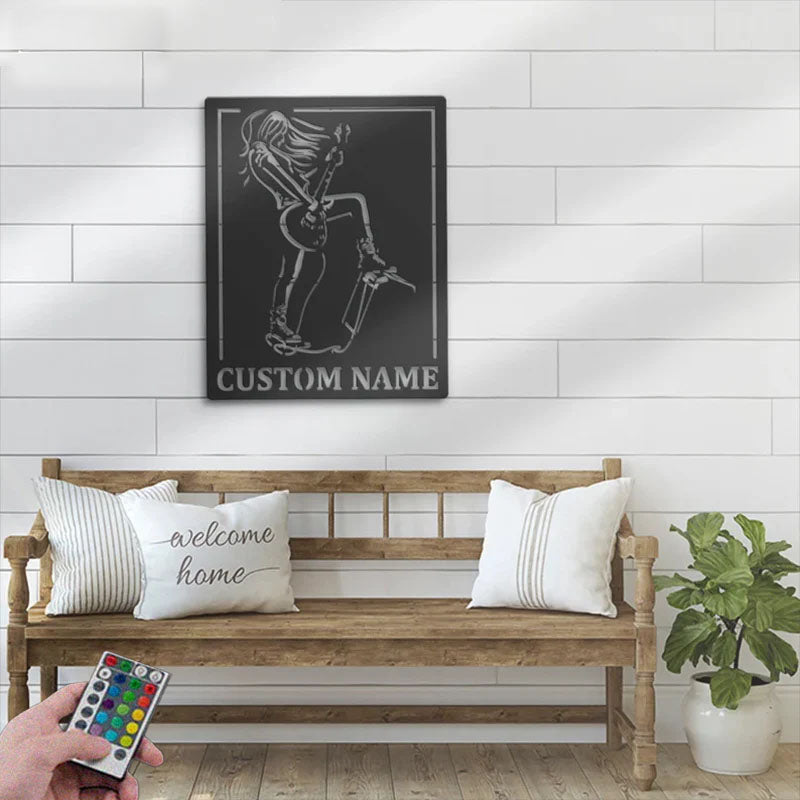 Custom Name Rock And Roll Name Sign Home Decor Music Room, Metal Wall Signs With RGB Led Light