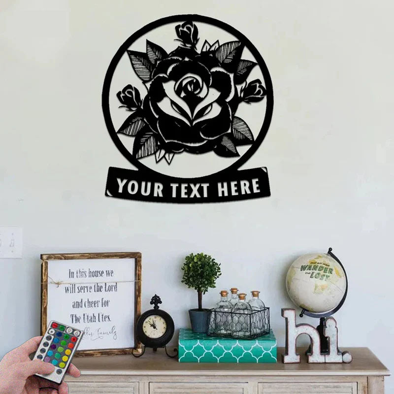 Custom Name Rose Garden, Metal Wall Signs With RGB Led Light