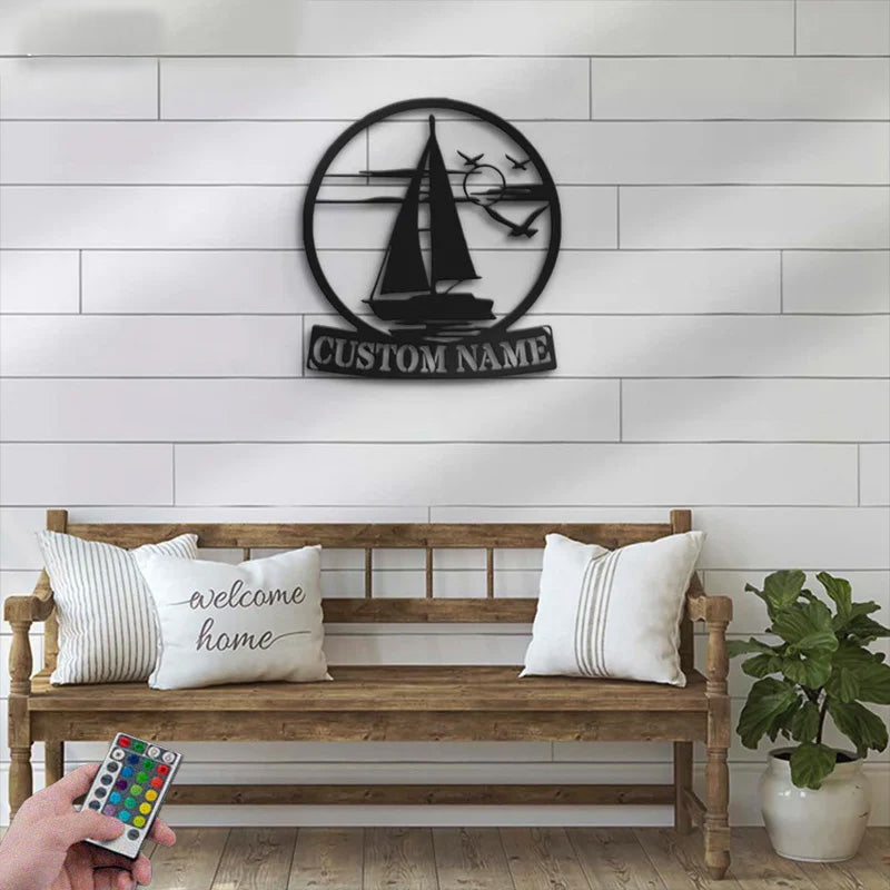Custom Name Sailboat Metal Wall Signs With RGB Led Light
