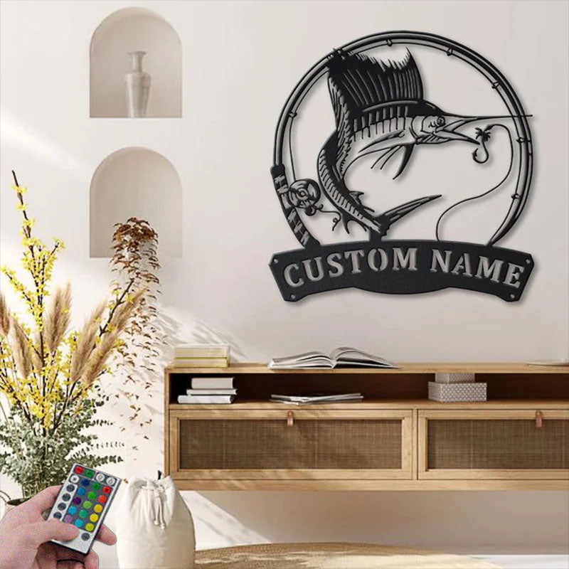 Custom Name Sailfish Fishing Fish Pole Metal Wall Signs With RGB Led Light