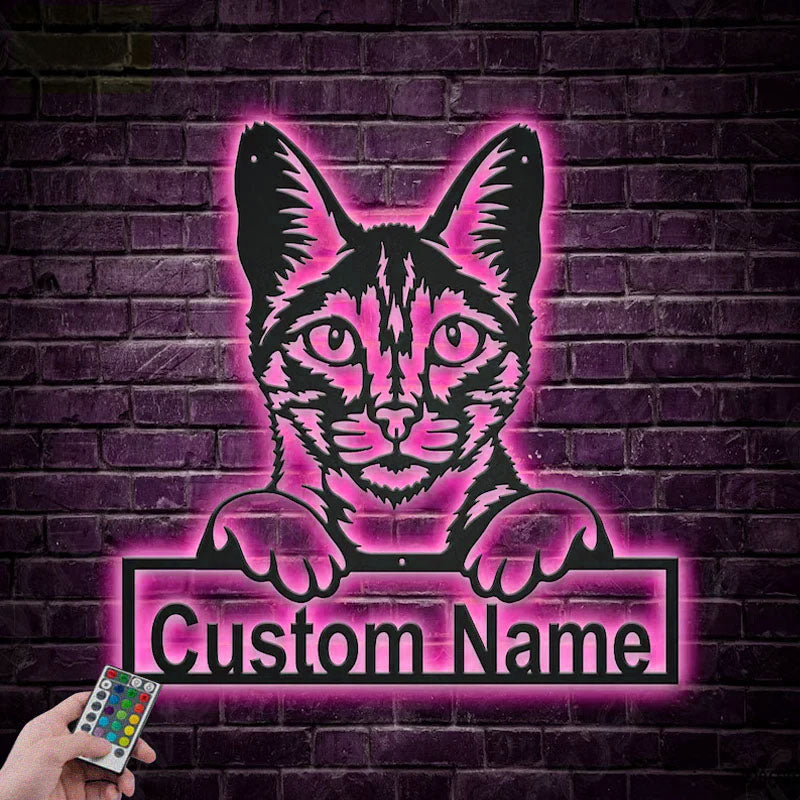 Custom Name Savannah Cat, Metal Wall Signs With RGB Led Light