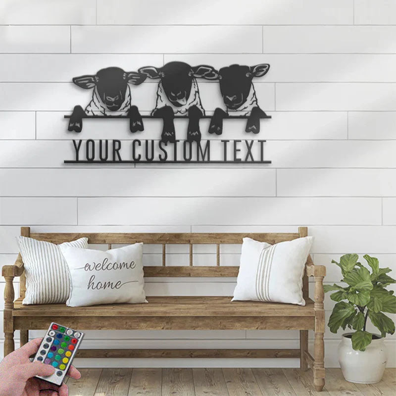 Custom Name Sheep Farm Name Sign Home Decor Sheep Barn, Metal Wall Signs With RGB Led Light