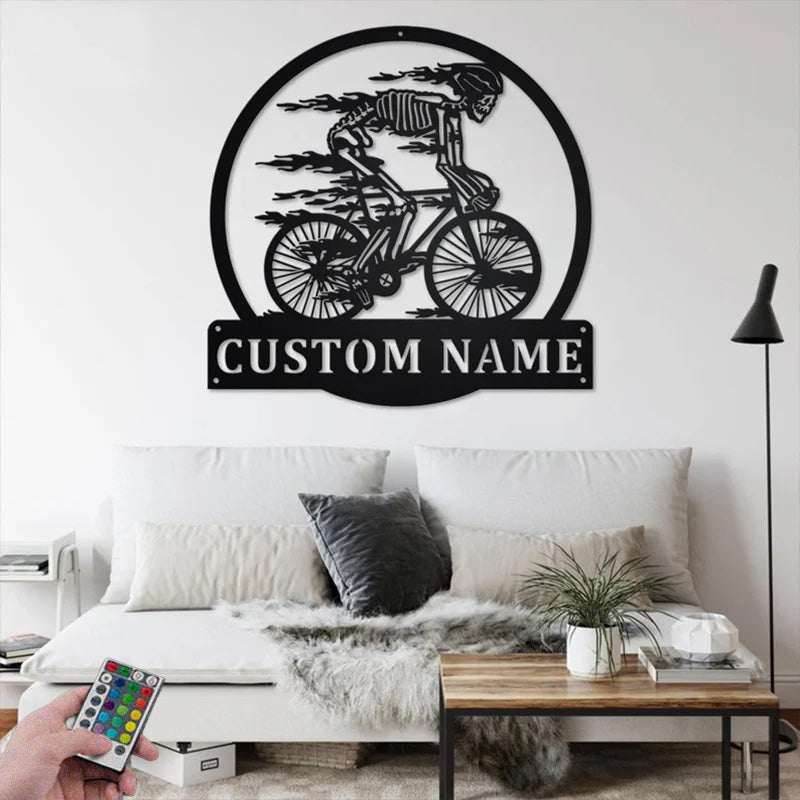 Custom Name Skull Bicycle Metal Wall Signs With RGB Led Light