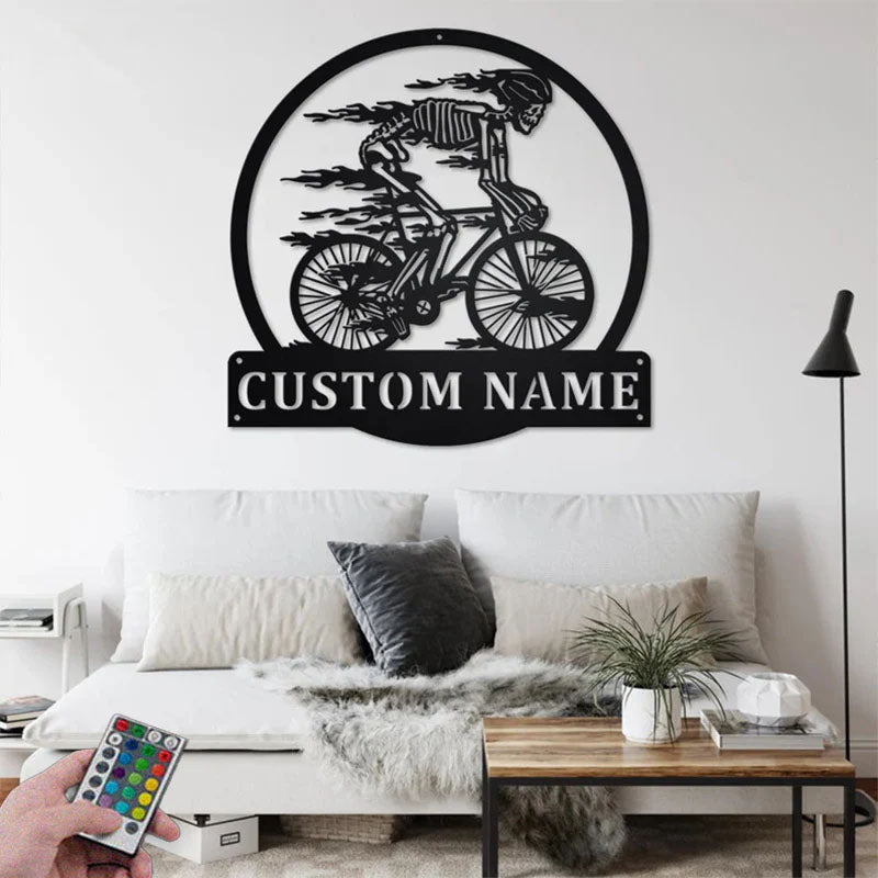 Custom Name Skull Bicycle Name Sign Decoration For Room, Metal Wall Signs With RGB Led Light