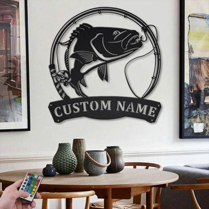 Custom Name Snapper Fishing Fish Pole Metal Wall Signs With RGB Led Light