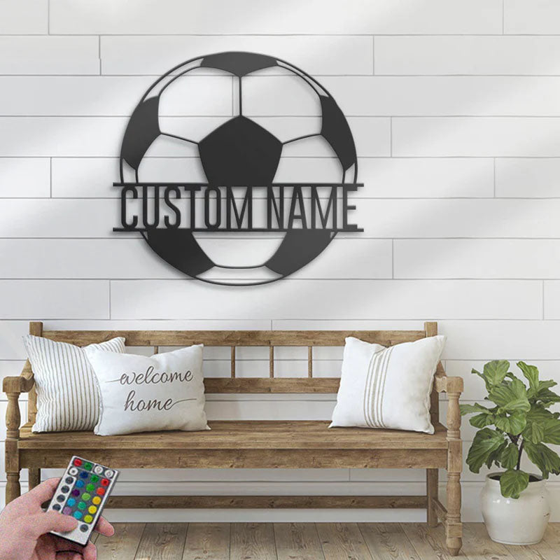 Custom Name Soccer Ball, Metal Wall Signs With RGB Led Light
