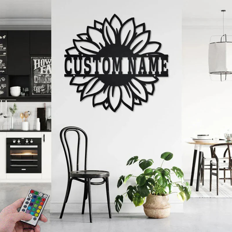 Custom Name Sunflower Name Sign Decoration For Room, Metal Wall Signs With RGB Led Light
