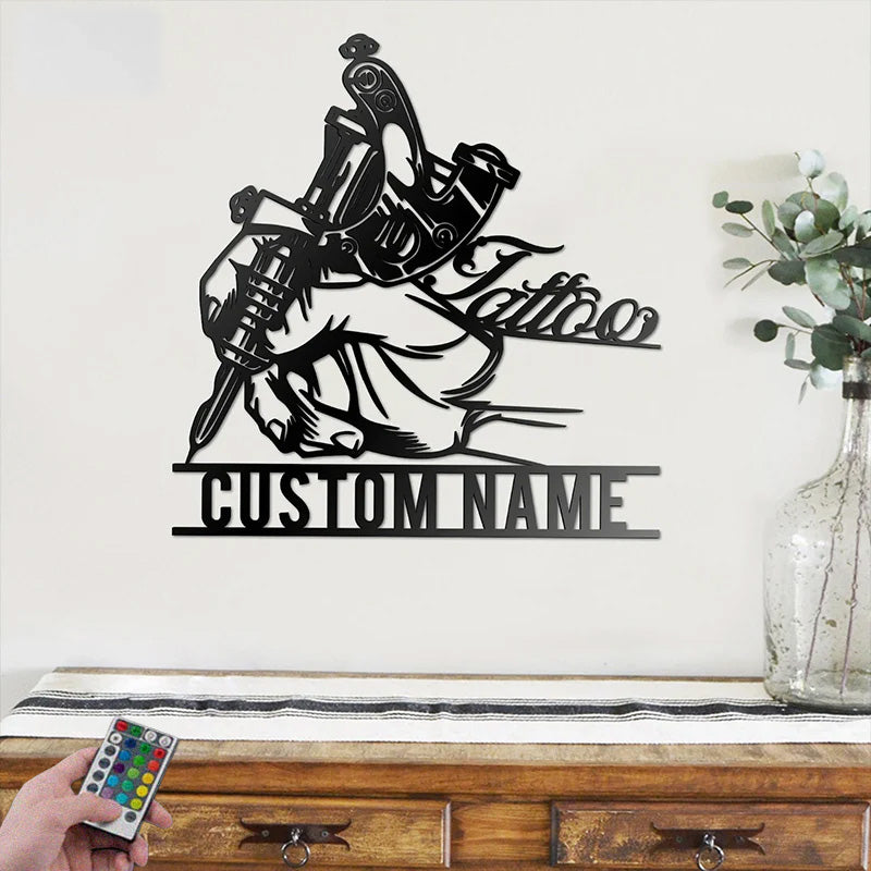 Custom Name Tattoo Machine Metal Wall Art Metal Wall Signs With RGB Led Light