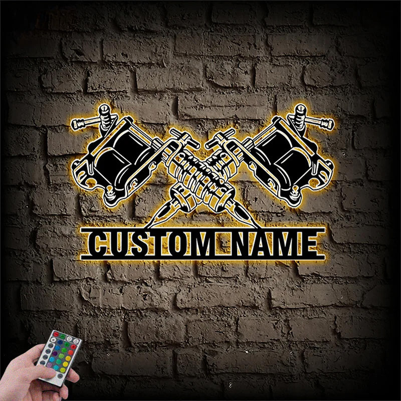 Custom Name Tattoo Shop Metal Wall Signs With RGB Led Light