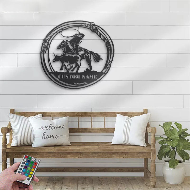 Custom Name Tie Down Roper Name Sign Home Decor, Metal Wall Signs With RGB Led Light