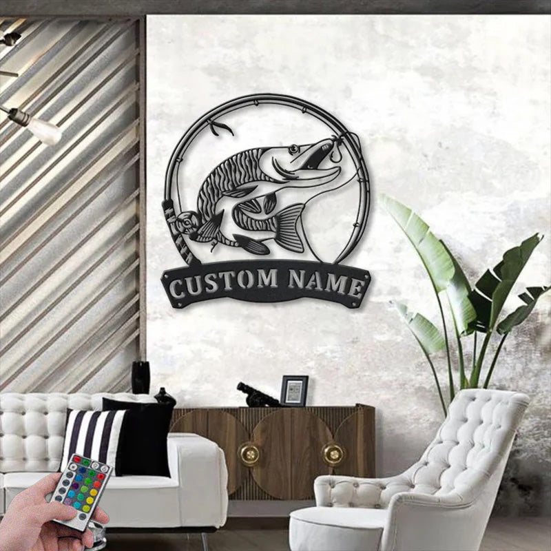Custom Name Tiger Muskellunge Fishing Fish Pole Metal Wall Signs With RGB Led Light