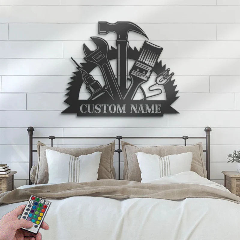 Custom Name Tools Shop Name Sign Home Decor Mechanic Tools Metal Wall Signs With RGB Led Light