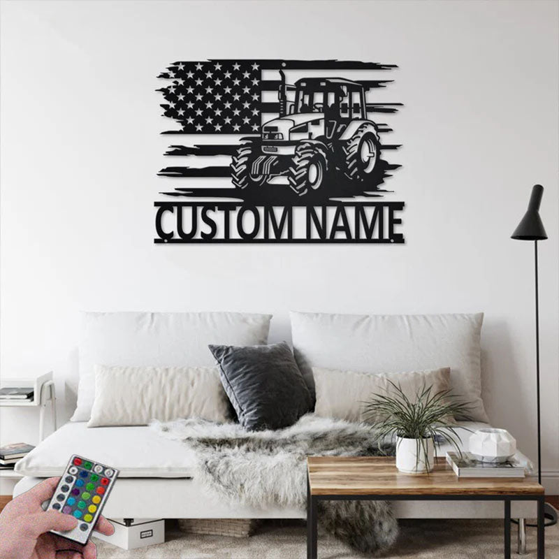 Custom Name Tractor Farm Name Sign Decoration For Room, Metal Wall Signs With RGB Led Light
