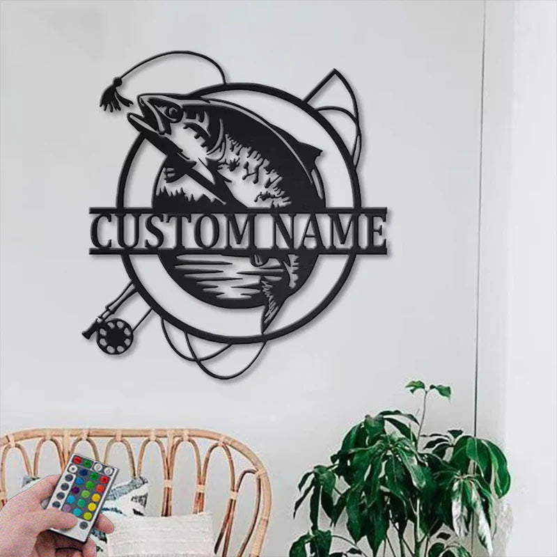 Custom Name Trout Fishing Fish Pole Monogram Metal Wall Signs With RGB Led Light