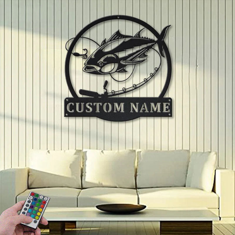 Custom Name Tuna Fishing Fish Pole Metal Wall Signs With RGB Led Light