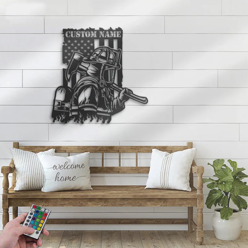 Custom Name USA Fireman Name Sign Home Decor Metal Wall Signs With RGB Led Light