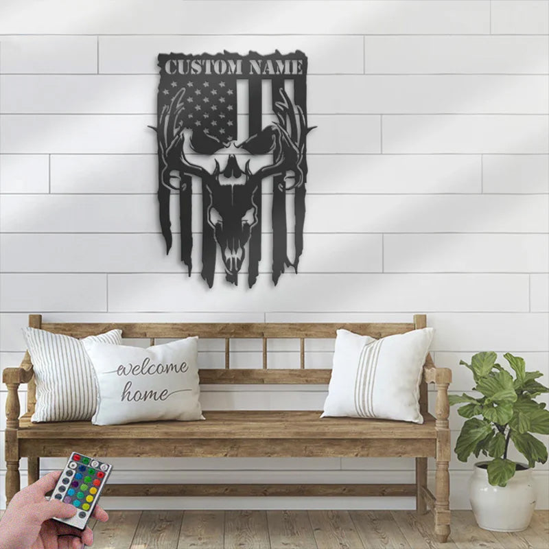 Custom Name US Buck Head Skull Hunter Metal Wall Signs With RGB Led Light