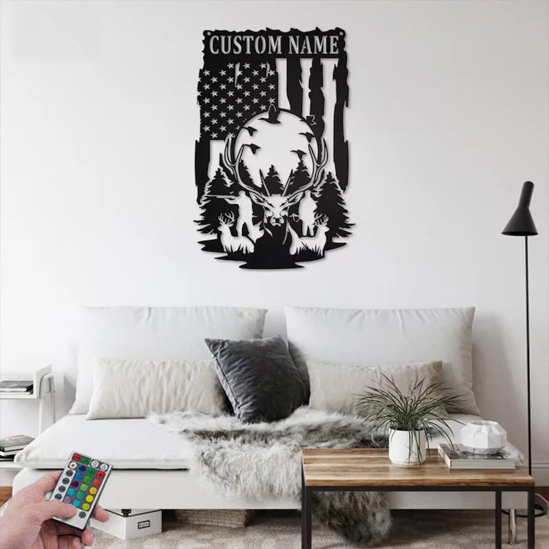 Custom Name US Deer Hunting Metal Wall Signs With RGB Led Light