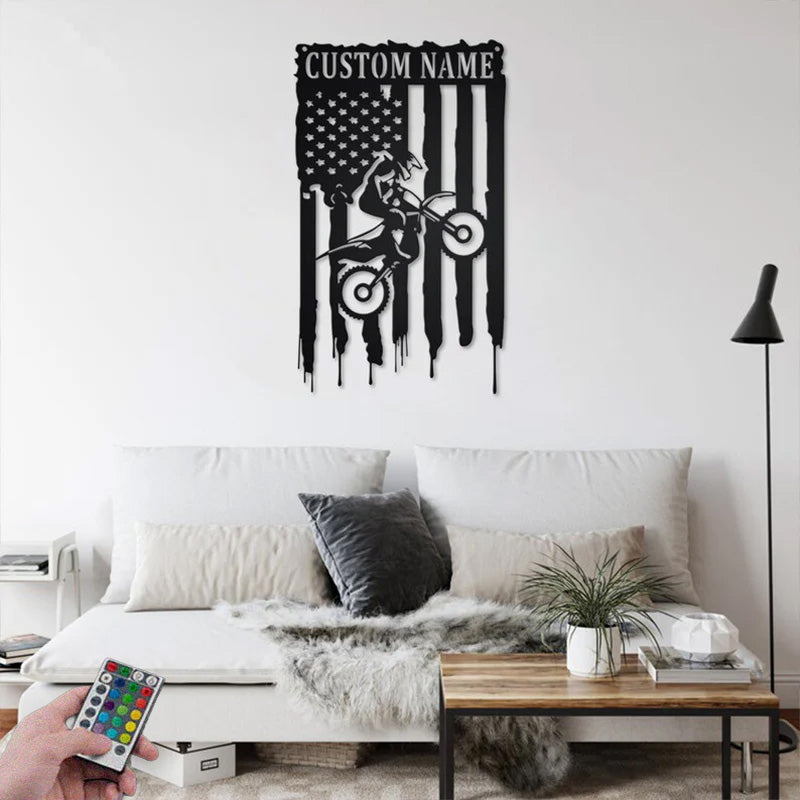 Custom Name US Dirt Bike Metal Wall Signs With RGB Led Light