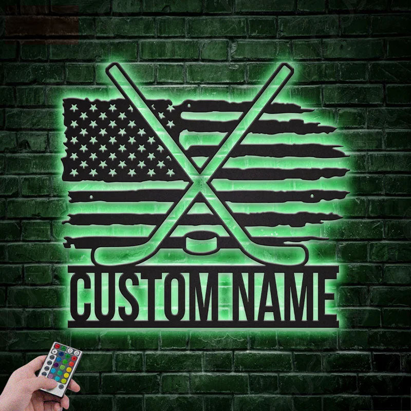 Custom Name US Flag Ice Hockey, Metal Wall Signs With RGB Led Light