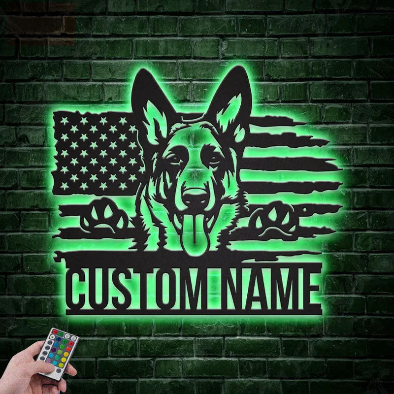 Custom Name US German Shepherd Dog, Metal Wall Signs With RGB Led Light