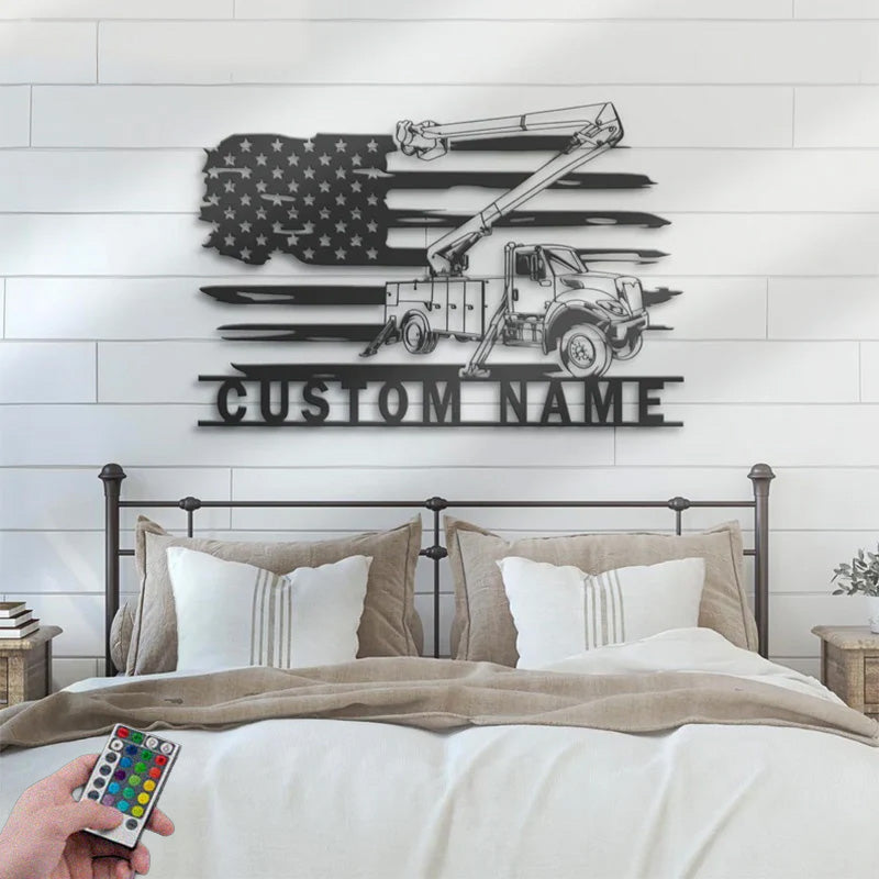 Custom Name US Lineman Bucket Truck Driver Metal Wall Signs With RGB Led Light
