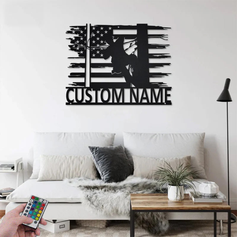 Custom Name US Lineman Metal Wall Signs With RGB Led Light