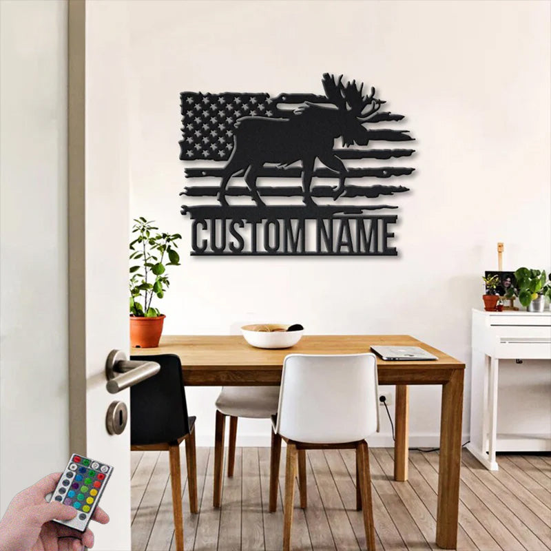 Custom Name US Moose Metal Wall Signs With RGB Led Light