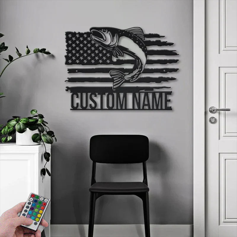 Custom Name US Trout Fishing Metal Wall Signs With RGB Led Light
