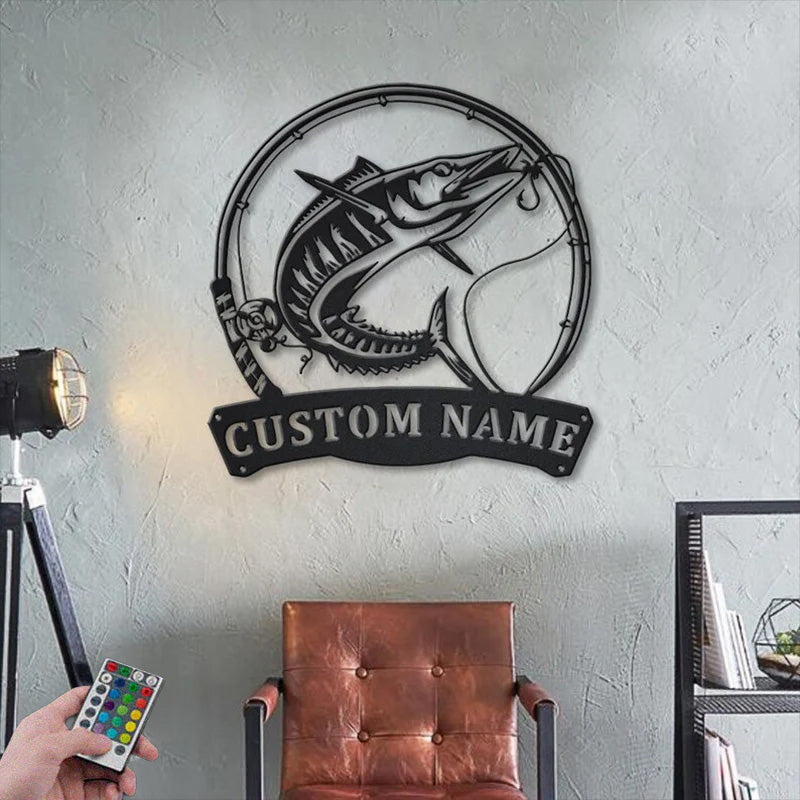 Custom Name Wahoo Fishing Fish Pole Metal Wall Signs With RGB Led Light