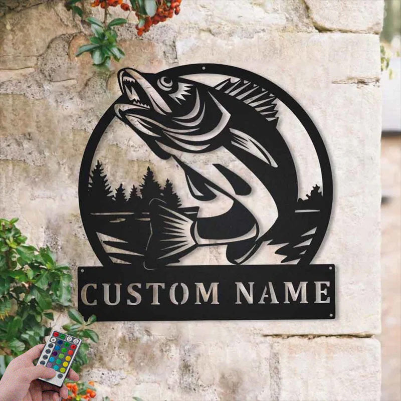 Custom Name Walleye Fishing Metal Wall Signs With RGB Led Light