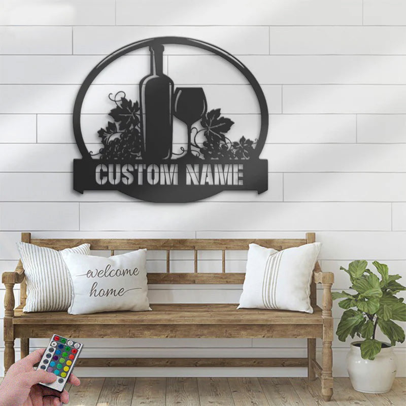 Custom Name Wine Shop Metal Wall Signs With RGB Led Light