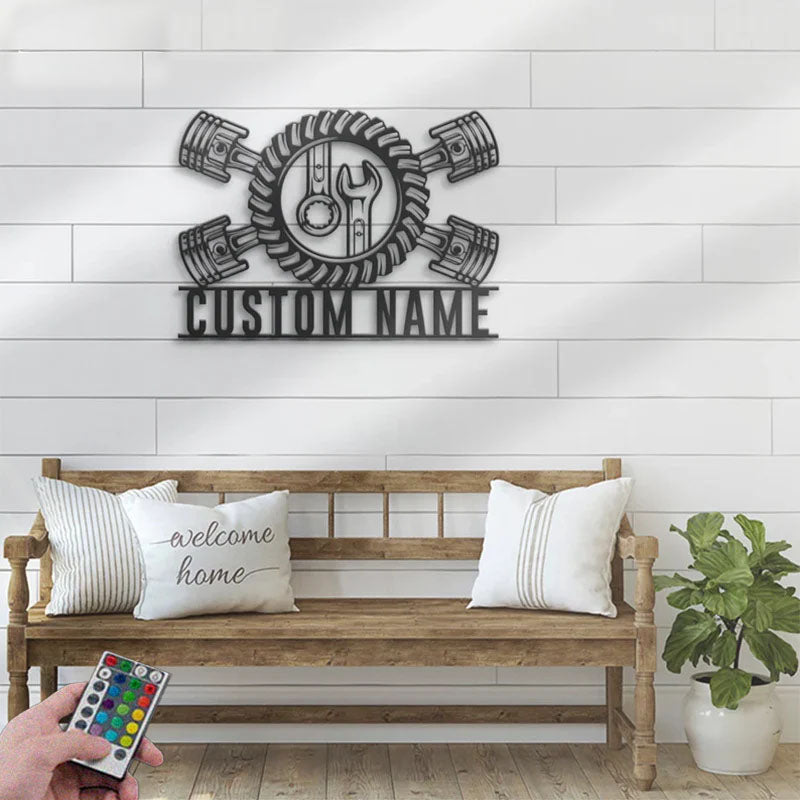 Custom Name Workshop Name Sign Home Decor Car Mechanic Repair Decoration Metal Wall Signs With RGB Led Light