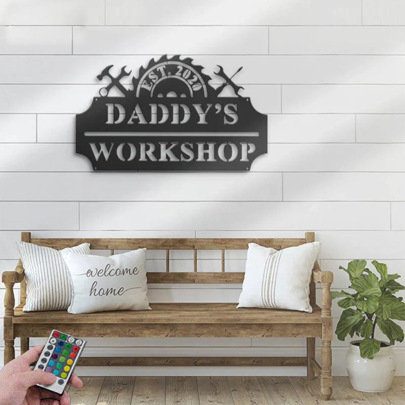Custom Name Workshop Name Sign Home Decor Mechanic Repair Metal Wall Signs With RGB Led Light