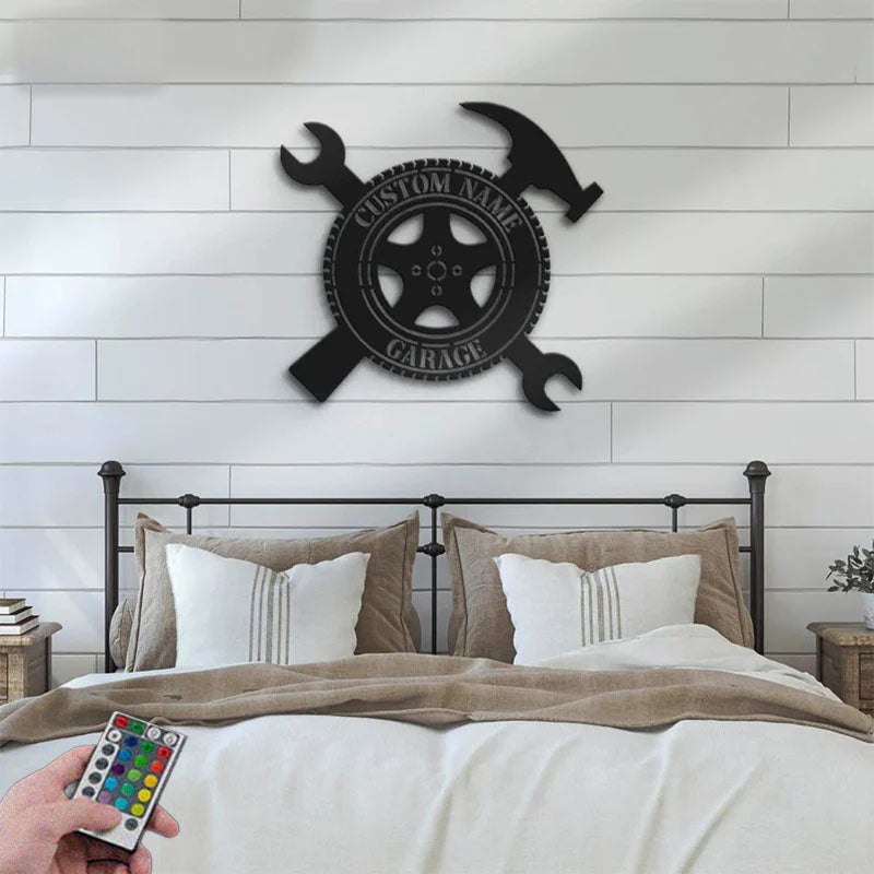 Custom Name Workshop Name Sign Home Decor Mechanic Repair Metal Wall Signs With RGB Led Light