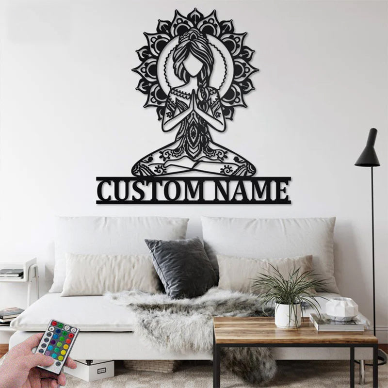 Custom Name Yoga Girl Mandala Metal Wall Signs With RGB Led Light