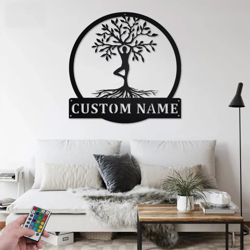 Custom Name Yoga Tree Of Life Metal Wall Signs With RGB Led Light