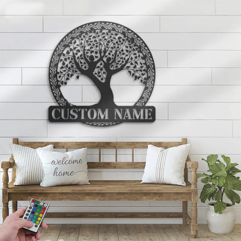 Custom Name Yoga Tree Of Life Metal Wall Signs With RGB Led Light