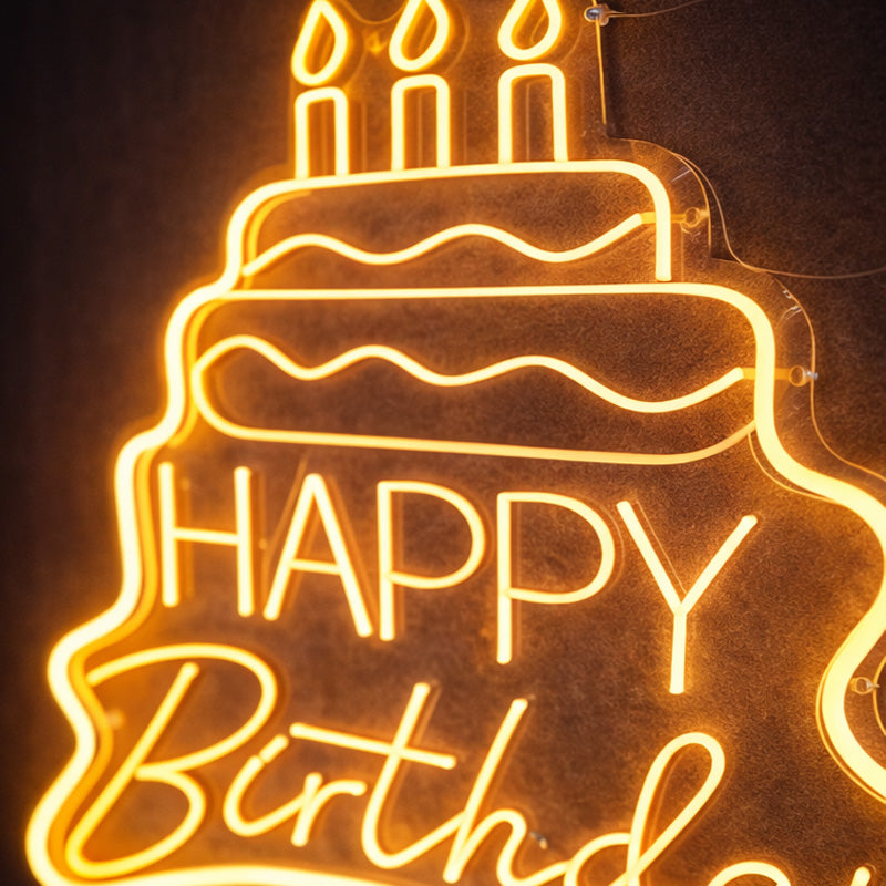 Happy Birthday Neon Cake Sign – Warm Yellow LED Birthday Wall Decor with Candles