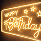 Happy Birthday Script Neon Sign – Warm Yellow LED Acrylic Wall Sign with Stars