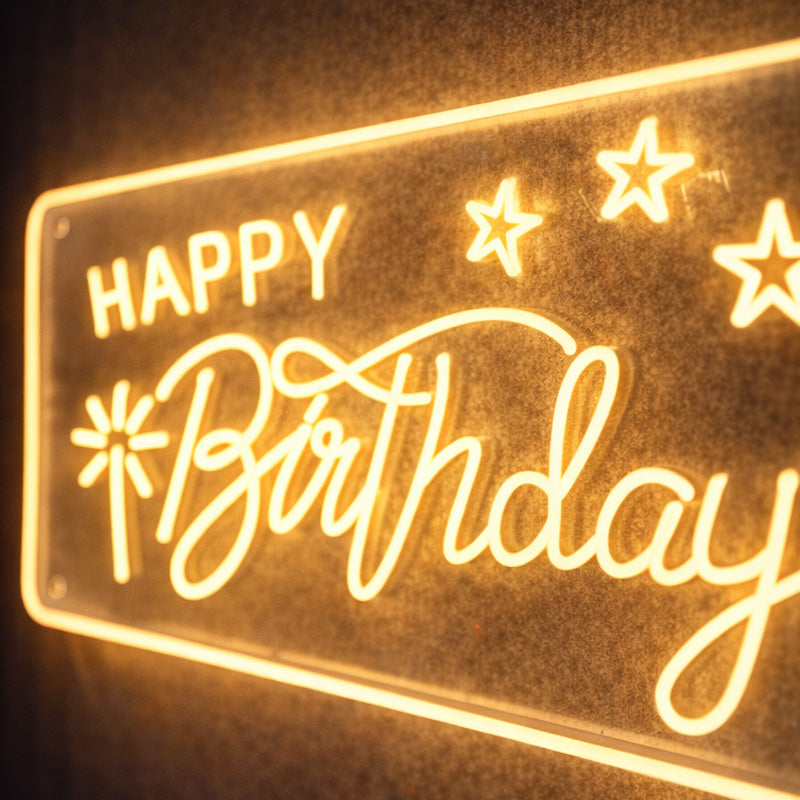 Happy Birthday Script Neon Sign – Warm Yellow LED Acrylic Wall Sign with Stars