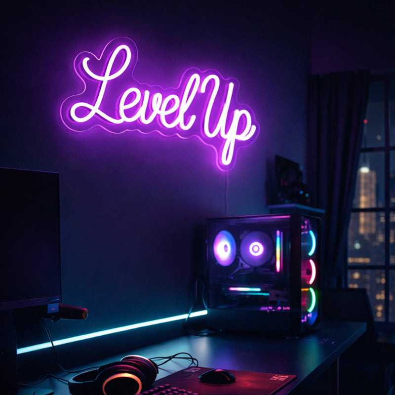 Level Up LED Neon Sign – Purple Gaming Room & Streaming Decor
