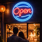 Open LED Neon Sign with Round Frame Design for Storefront, Shop Window and Business Display