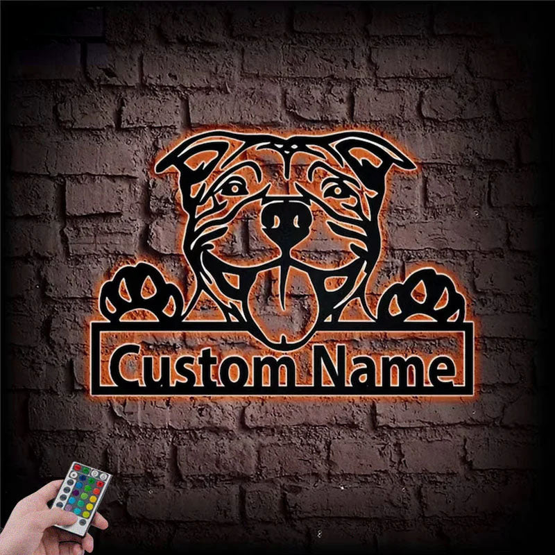 Personalized American Pit Bull, Metal Wall Signs With RGB Led Light